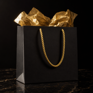 Shopping bag nera di lusso con manici e carta dorati: e-commerce premium, stile Dalpralab.
