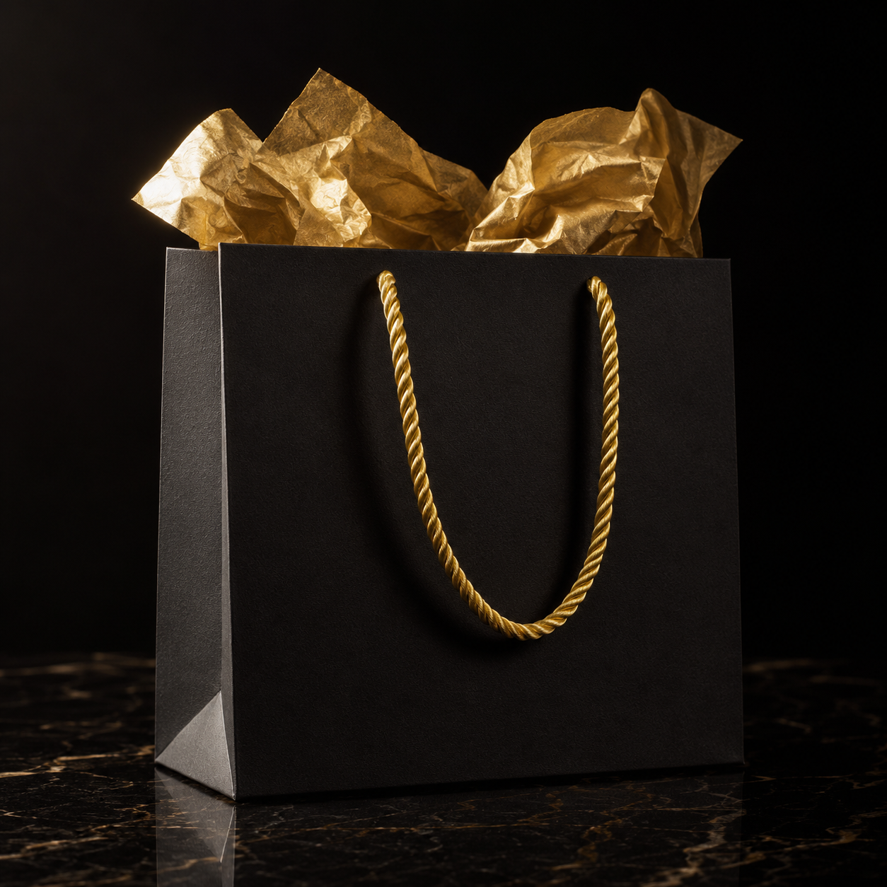 Shopping bag nera di lusso con manici e carta dorati: e-commerce premium, stile Dalpralab.