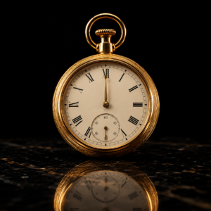 Orologio da taschino dorato su sfondo nero: il momento giusto per adottare la GEO, stile Dalpralab.