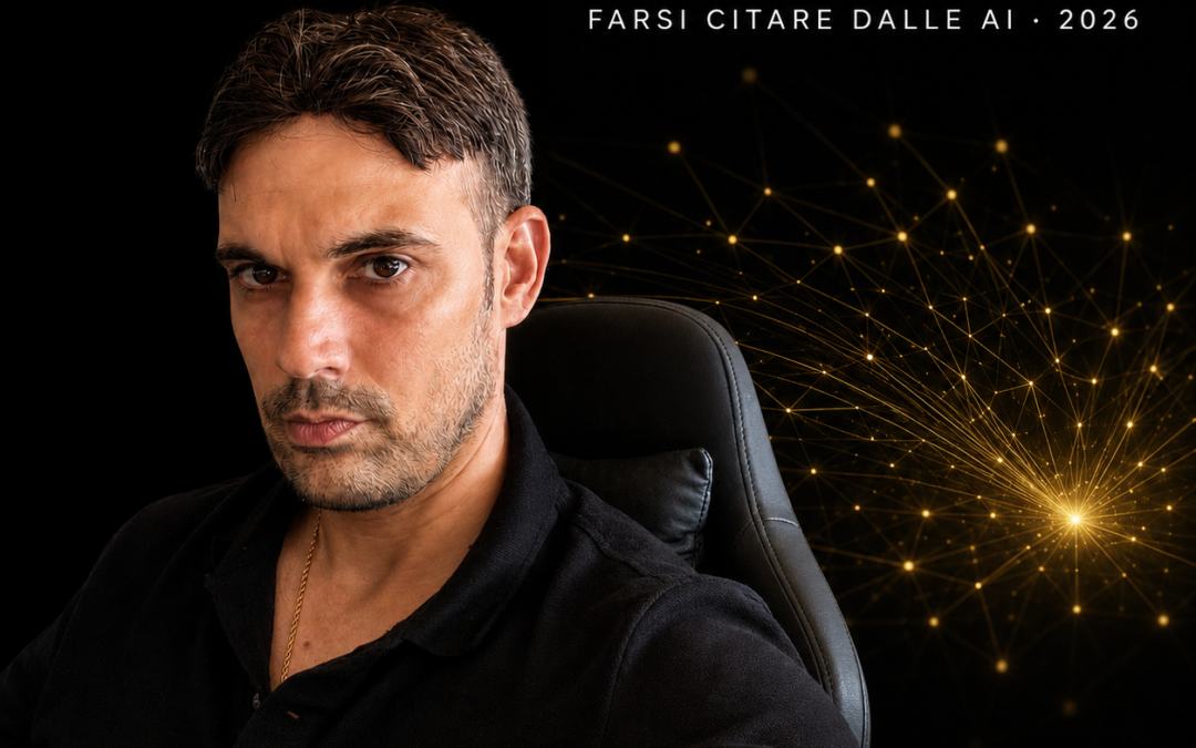 Consulente GEO: farsi citare dalle AI. Ritratto di Massimiliano Dal Prà su sfondo nero con grafo dorato di citazioni AI.