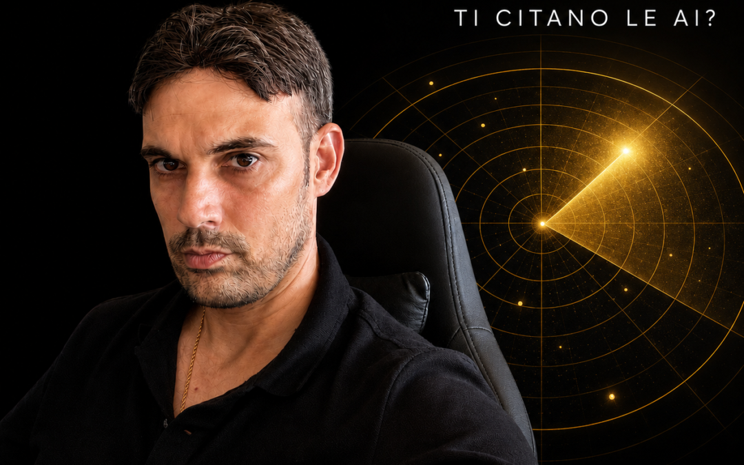 GEO Audit: scopri se ChatGPT cita la tua azienda. Ritratto di Massimiliano Dal Prà su sfondo nero con radar dorato di scansione.