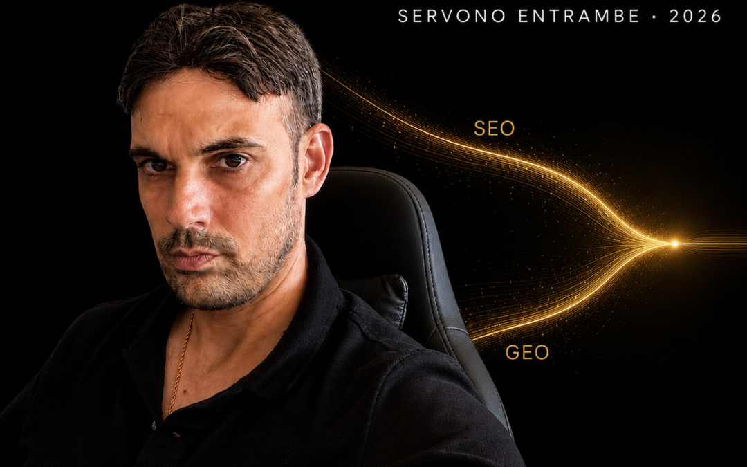 SEO o GEO nel 2026. Ritratto di Massimiliano Dal Prà su sfondo nero con i flussi SEO e GEO in oro che convergono.