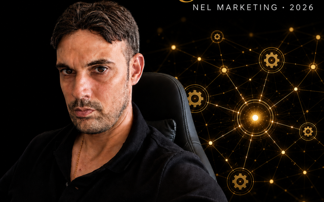 Agentic AI nel marketing. Ritratto di Massimiliano Dal Prà su sfondo nero con rete di nodi e ingranaggi dorati.