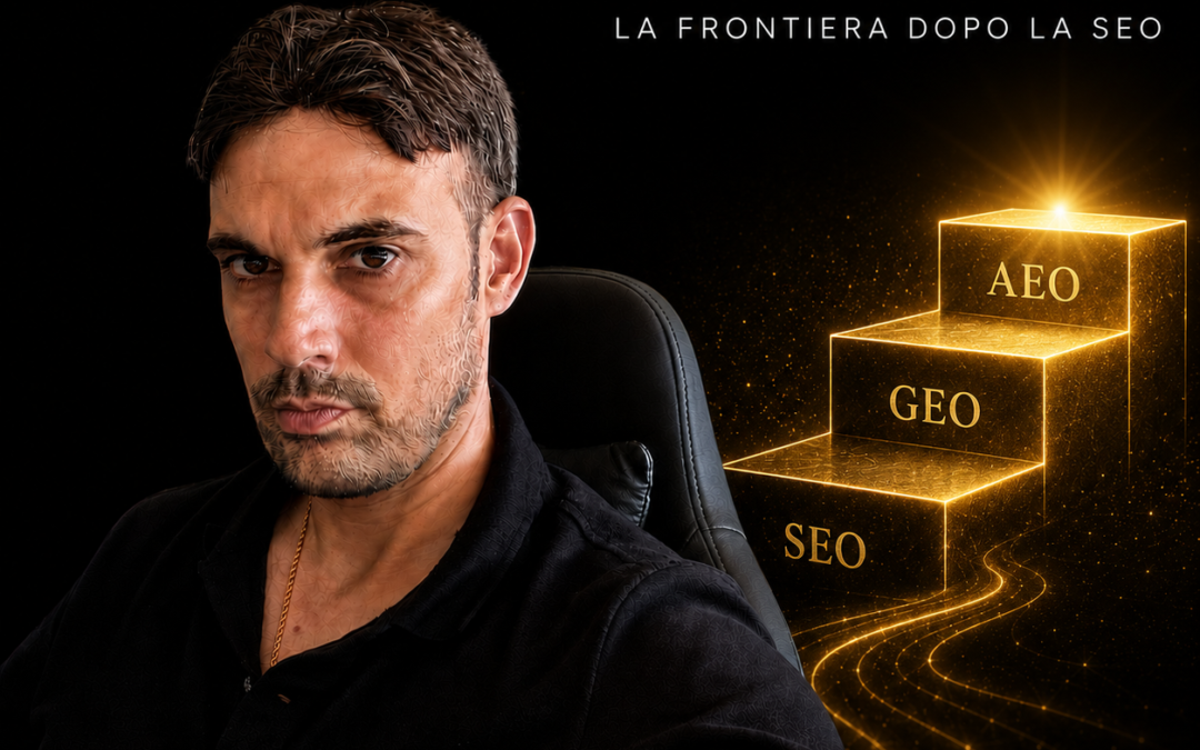 AEO, la frontiera dopo la SEO: ritratto di Massimiliano Dal Prà su sfondo nero con scala dorata dei livelli SEO, GEO e AEO.