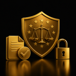 Scudo con stelle UE, bilancia e documenti privacy per adeguamento GDPR del sito — Adeguamento GDPR by Dalpralab