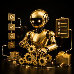 Agente AI su misura - robot 3D oro che automatizza attivita aziendali, Dal Pra Lab