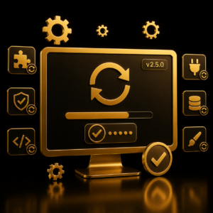 Schermo con aggiornamento software in corso e plugin aggiornati — Aggiornamento Sito by Dalpralab