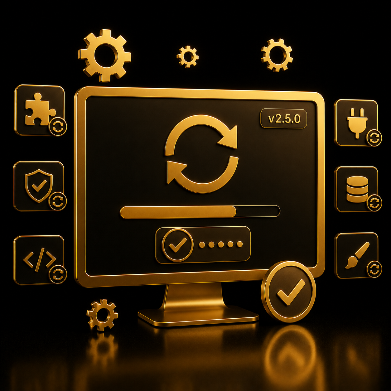 Schermo con aggiornamento software in corso e plugin aggiornati — Aggiornamento Sito by Dalpralab