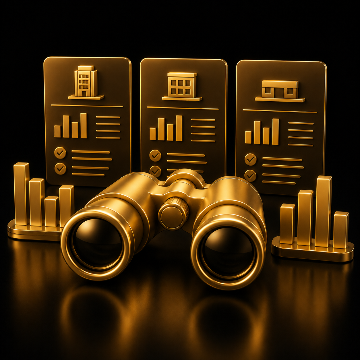 Analisi competitor SEO - binocolo 3D oro su grafici comparativi, benchmarking, Dal Pra Lab