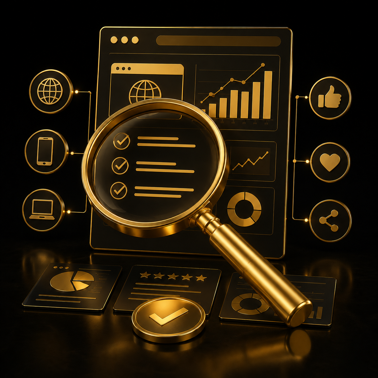 Audit presenza online - lente di ingrandimento 3D oro su dashboard digitale, Dal Pra Lab