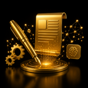 Automazione contenuti AI - penna 3D oro e documento generato con ingranaggi, Dal Pra Lab