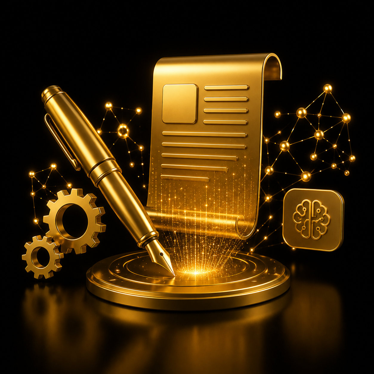 Automazione contenuti AI - penna 3D oro e documento generato con ingranaggi, Dal Pra Lab