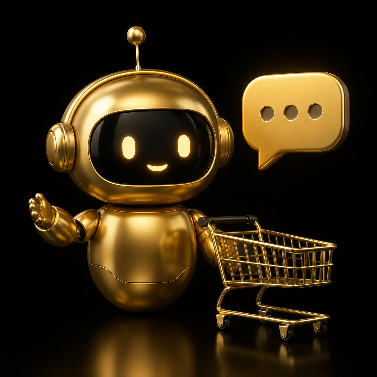 Chatbot AI per e-commerce - robot 3D oro con chat e carrello, Dal Pra Lab