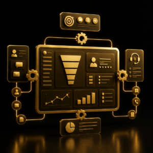 Setup HubSpot completo, dashboard CRM 3D oro su nero, marketing vendite assistenza, Dal Prà Lab