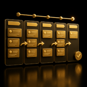 Setup Pipedrive, pipeline di vendita 3D kanban oro su nero, configurazione CRM Dal Prà Lab