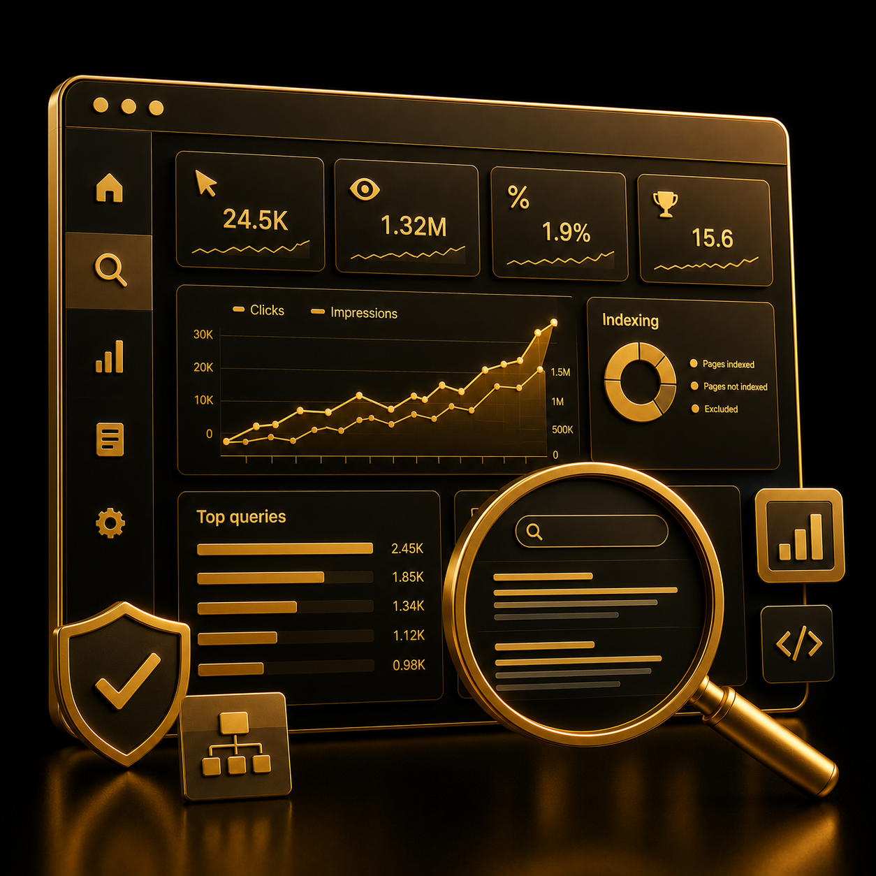 Dashboard Google Search Console con grafico prestazioni di ricerca e verifica dominio — Setup Search Console by Dalpralab