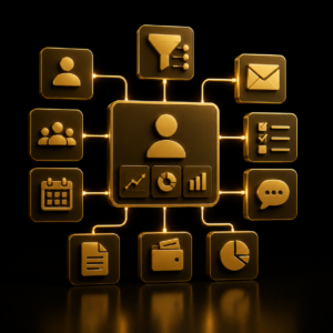 Setup Zoho CRM, sistema modulare 3D oro su nero, configurazione CRM PMI Dal Prà Lab