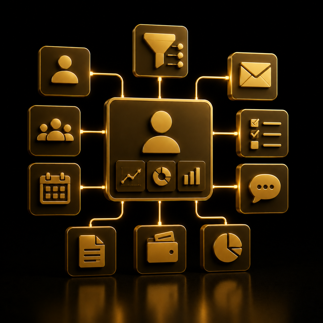 Setup Zoho CRM, sistema modulare 3D oro su nero, configurazione CRM PMI Dal Prà Lab