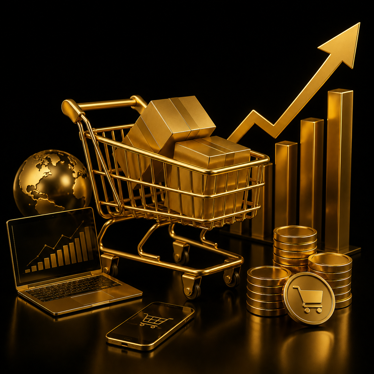 Consulenza strategia e-commerce - carrello 3D oro con crescita vendite, Dal Pra Lab