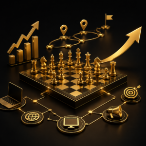 Consulenza marketing digitale e strategia online - scacchiera 3D oro su nero, Dal Pra Lab