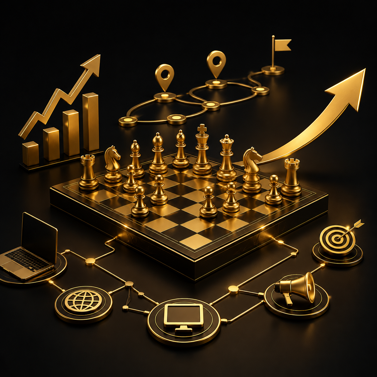 Consulenza marketing digitale e strategia online - scacchiera 3D oro su nero, Dal Pra Lab