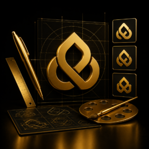 Processo di logo design con monogramma dorato e strumenti grafici — Logo Design by Dalpralab