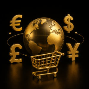 E-commerce multivaluta - globo 3D oro con simboli di valuta, Dal Pra Lab