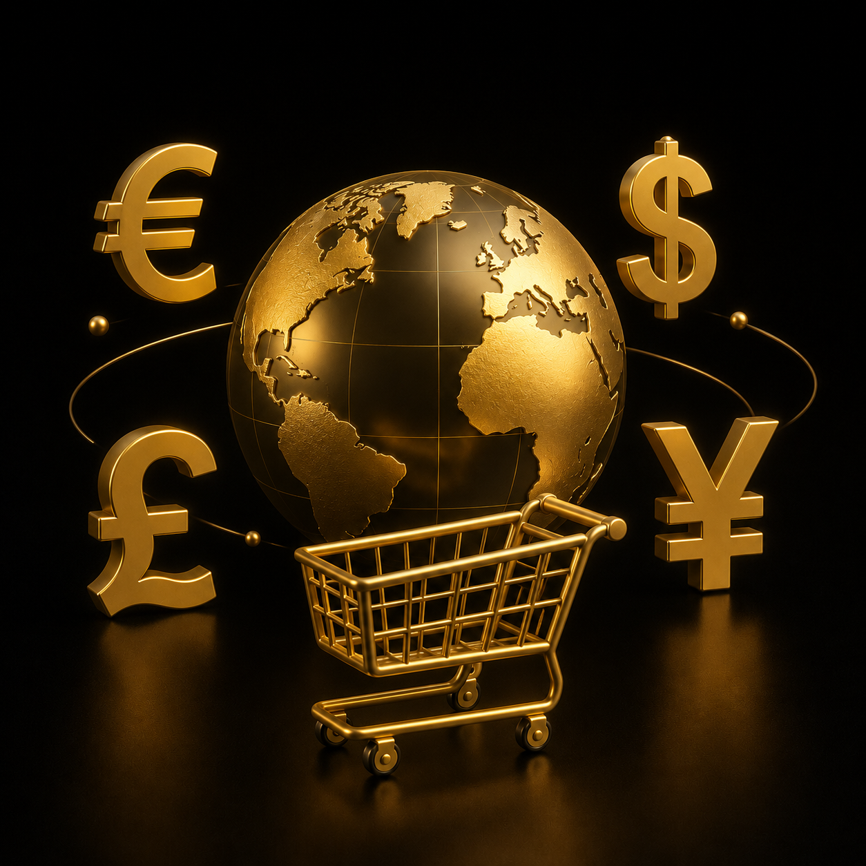 E-commerce multivaluta - globo 3D oro con simboli di valuta, Dal Pra Lab