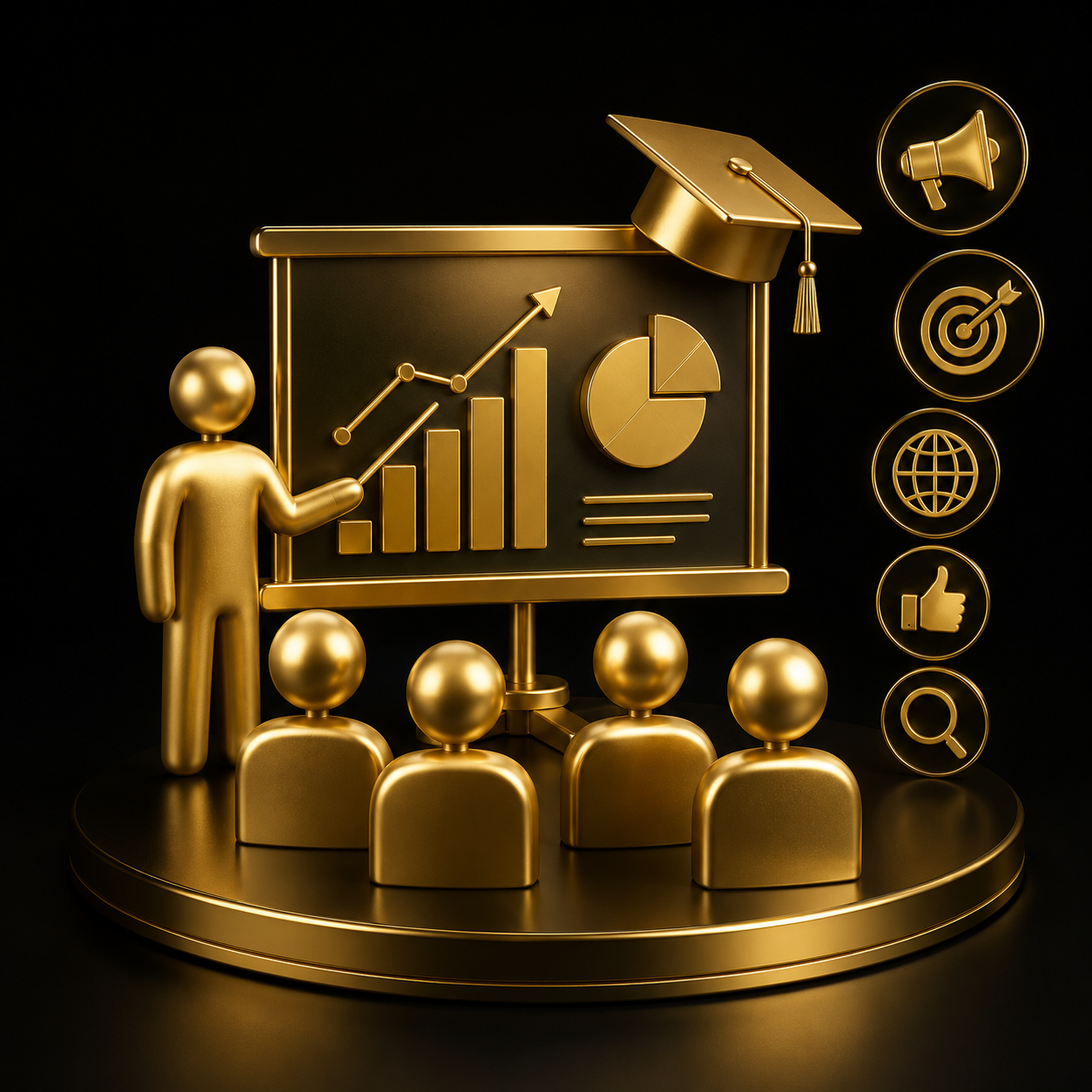 Formazione marketing digitale per il team - scena training 3D oro su nero, Dal Pra Lab