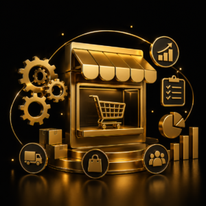 Gestione e-commerce all-inclusive mensile - negozio 3D oro con ingranaggi e grafici, Dal Pra Lab