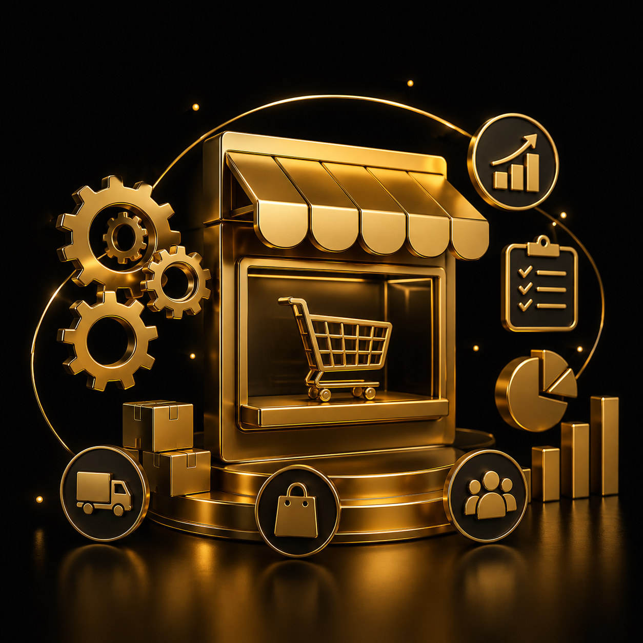 Gestione e-commerce all-inclusive mensile - negozio 3D oro con ingranaggi e grafici, Dal Pra Lab
