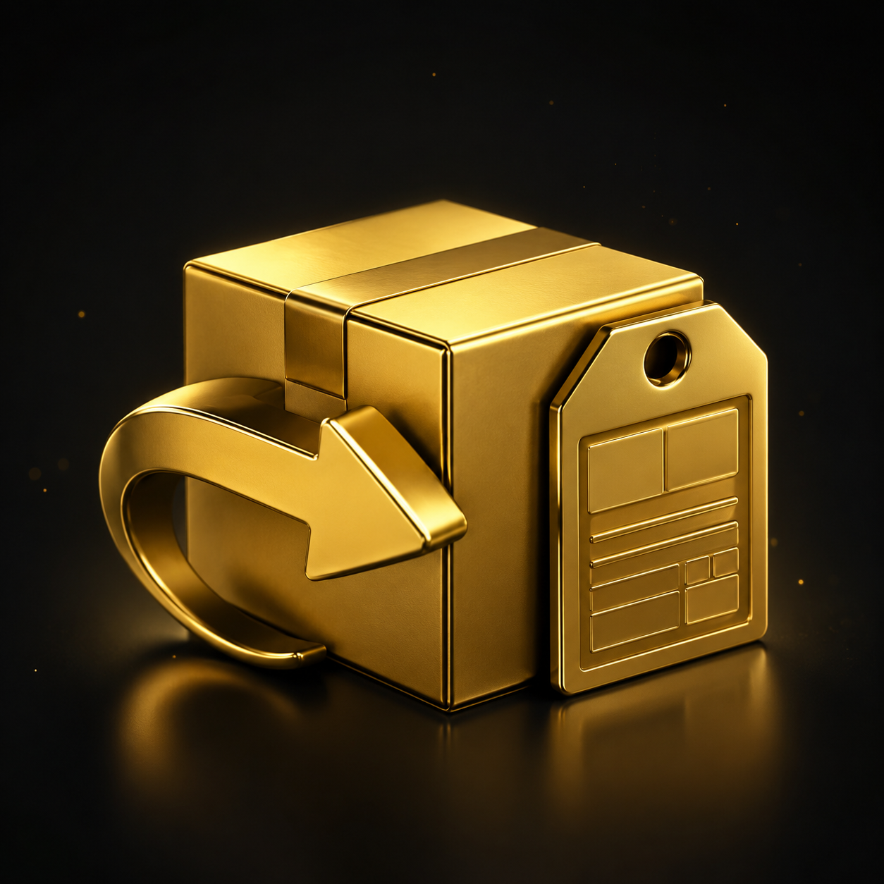 Gestione resi e RMA e-commerce - pacco 3D oro con freccia di reso, Dal Pra Lab