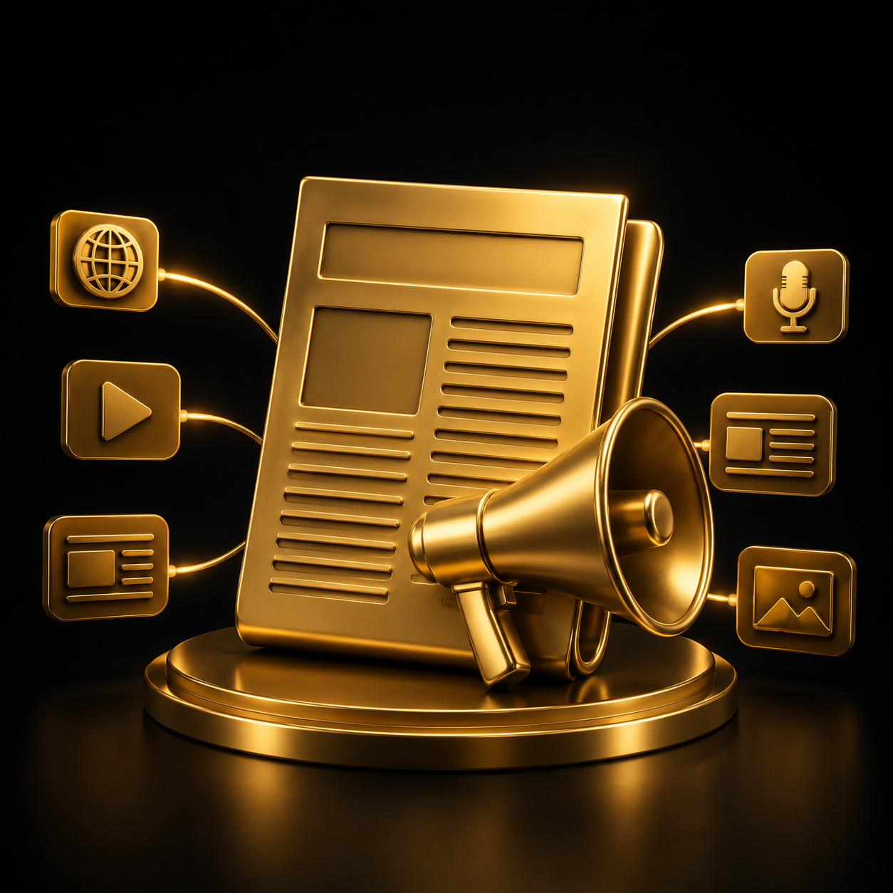 Digital PR e guest post - giornale 3D oro con megafono, testate, Dal Pra Lab
