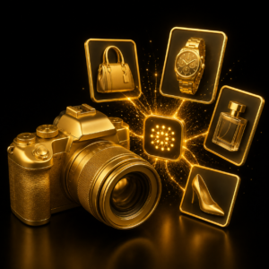Immagini prodotto generate con AI - macchina fotografica 3D oro, Dal Pra Lab