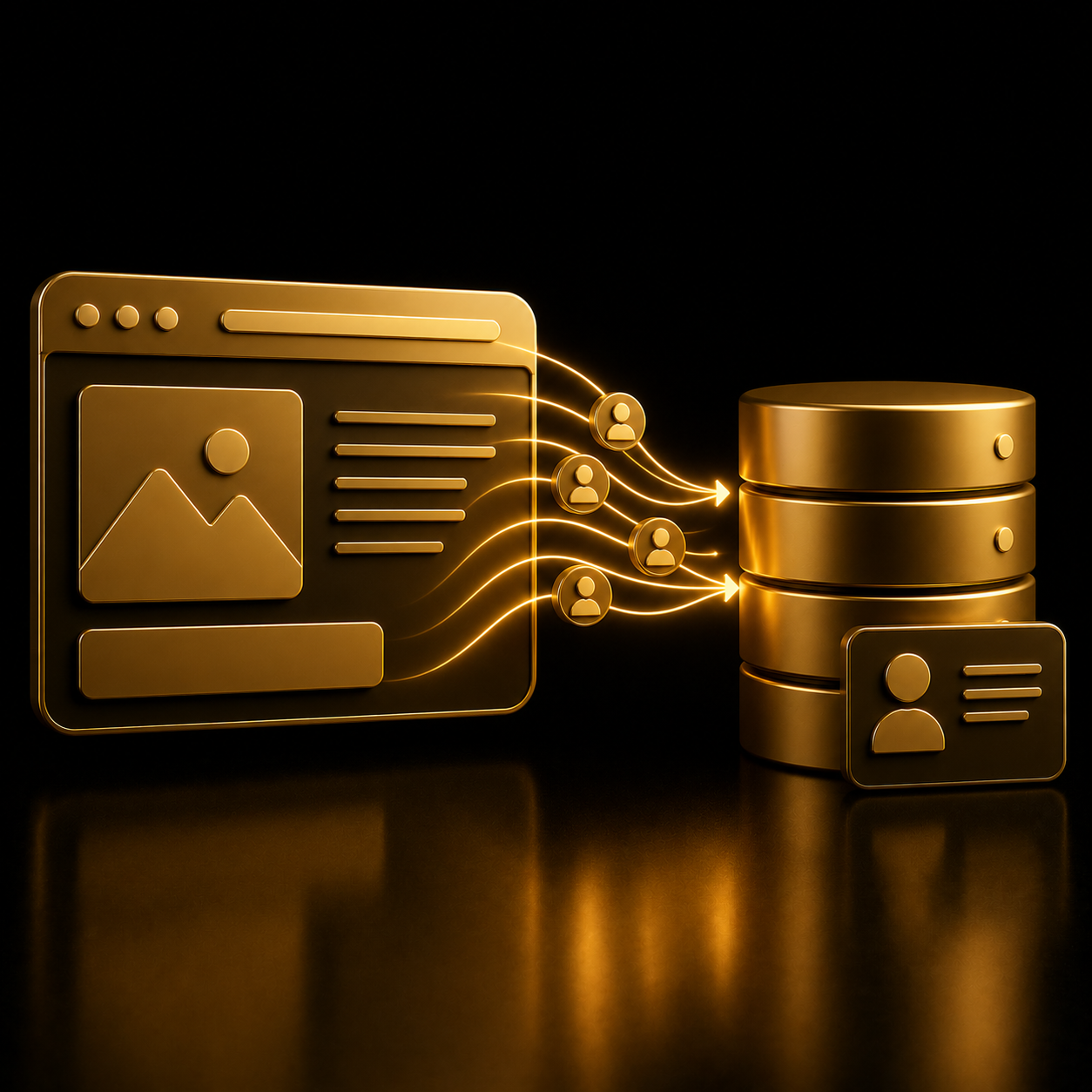 Integrazione CRM e sito web, browser collegato al database contatti 3D oro su nero, Dal Prà Lab