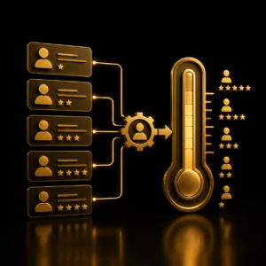 Lead scoring automatico, schede contatto con punteggi 3D oro su nero, qualifica lead CRM Dal Prà Lab
