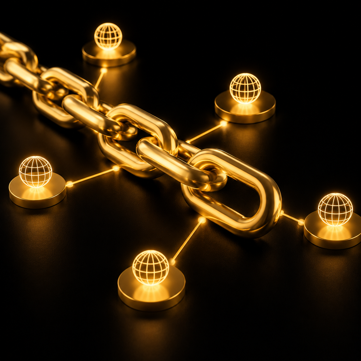 Link building - catena 3D oro che collega siti, autorevolezza dominio, Dal Pra Lab