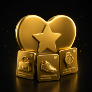 Lista desideri e-commerce - cuore 3D oro con prodotti salvati, wishlist, Dal Pra Lab