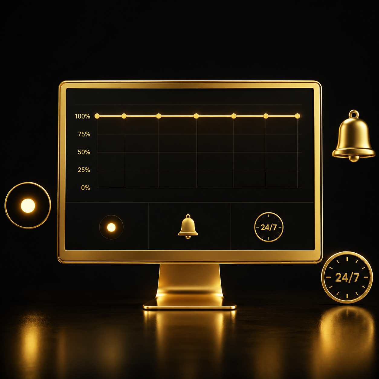 Monitor con grafico di monitoraggio uptime al 100% e avvisi — Monitoraggio Uptime by Dalpralab