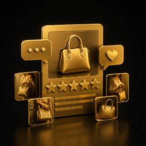 Recensioni prodotto e UGC e-commerce - scheda 3D oro con stelle e feedback, Dal Pra Lab