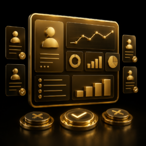 Scelta del CRM giusto per azienda, dashboard 3D oro su nero, consulenza CRM Dal Prà Lab