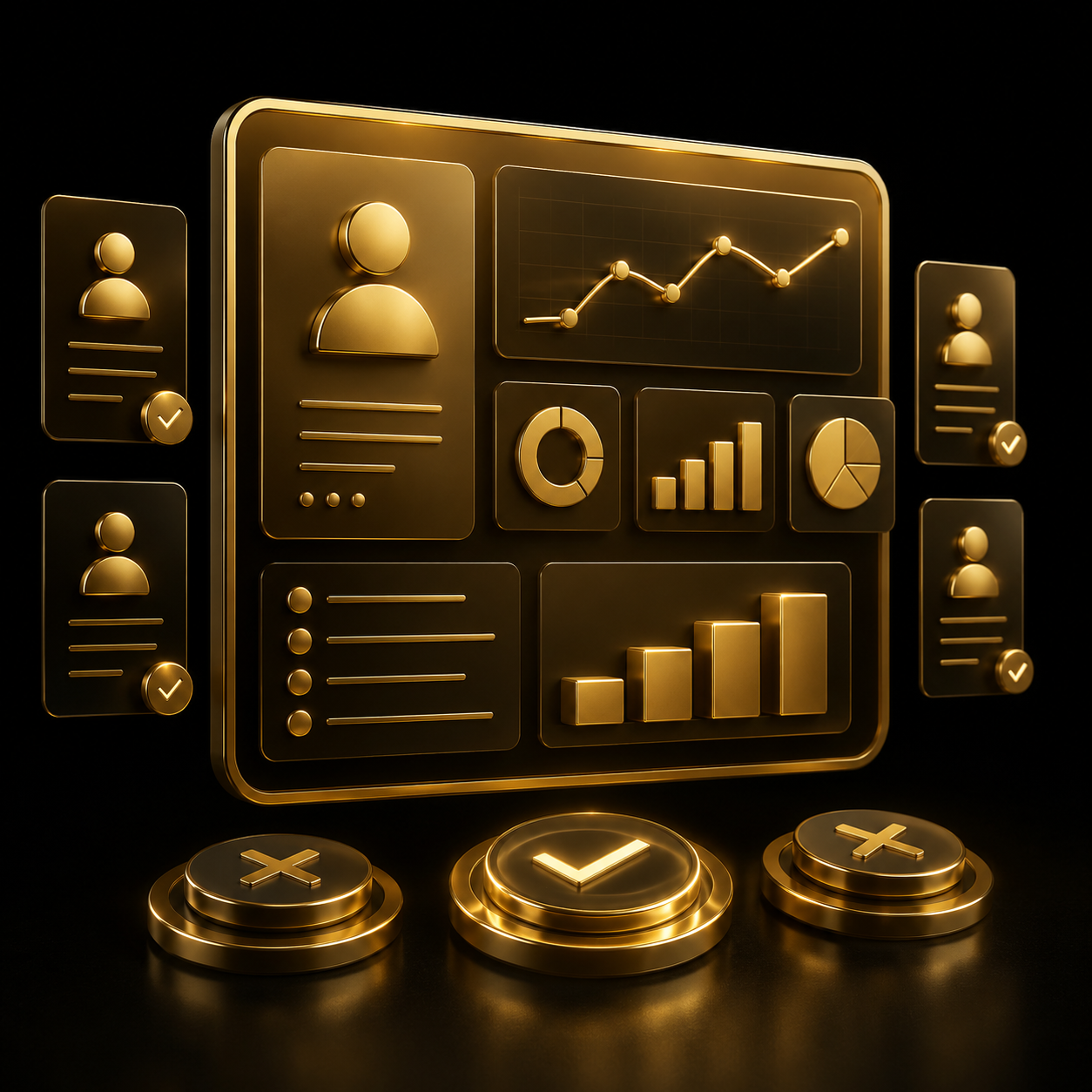 Scelta del CRM giusto per azienda, dashboard 3D oro su nero, consulenza CRM Dal Prà Lab