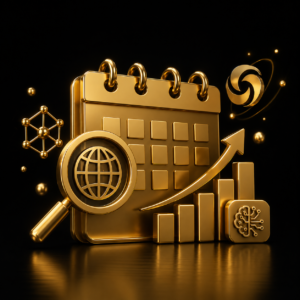 Pacchetto SEO e GEO mensile - calendario 3D oro con lente SEO e crescita, Dal Pra Lab