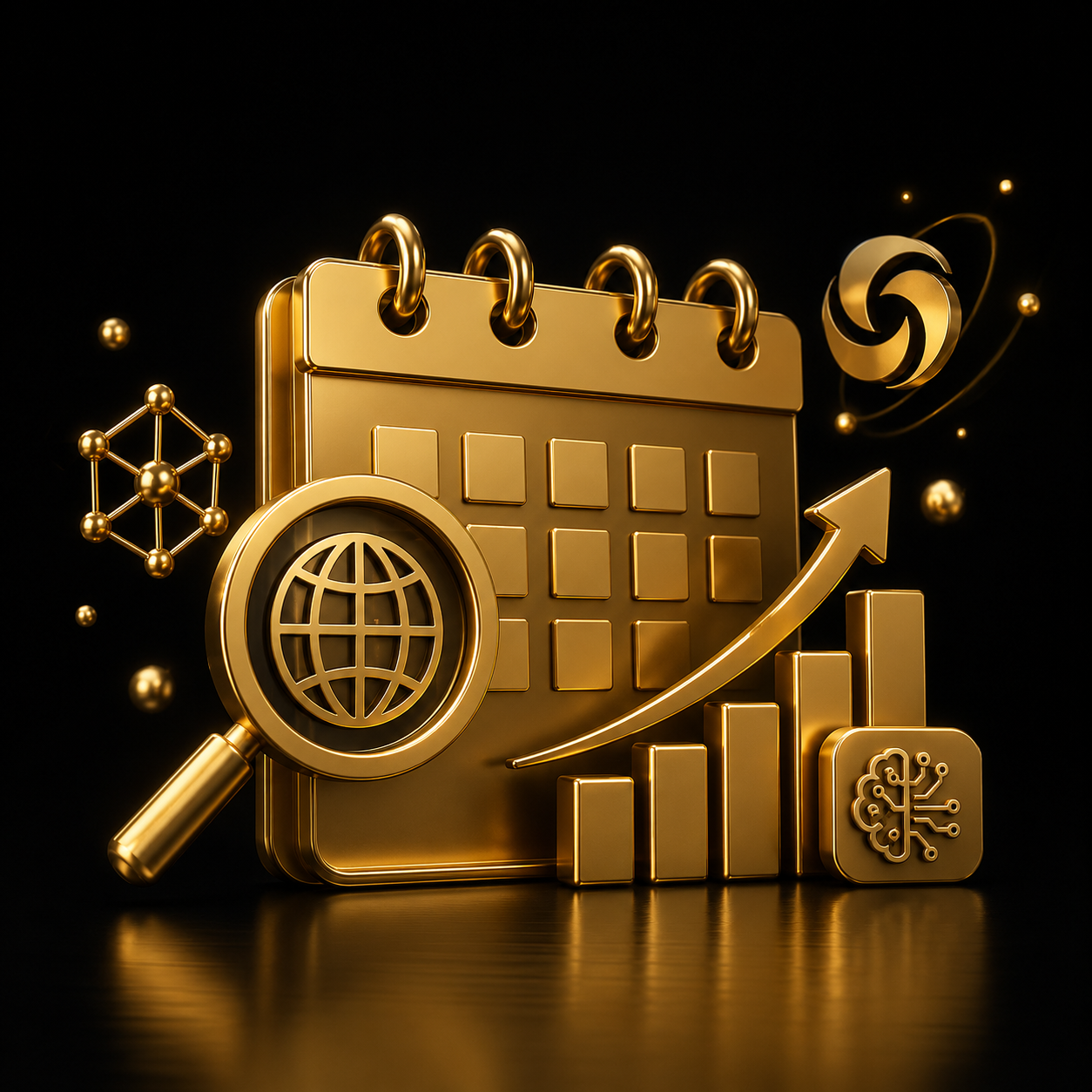 Pacchetto SEO e GEO mensile - calendario 3D oro con lente SEO e crescita, Dal Pra Lab