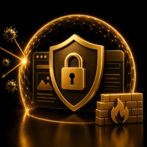 Scudo dorato con lucchetto e firewall che protegge il sito da attacchi — Blindatura Sito by Dalpralab