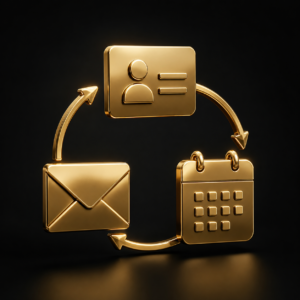 Sincronizzazione CRM email e calendario, elementi 3D oro su nero collegati, Dal Prà Lab