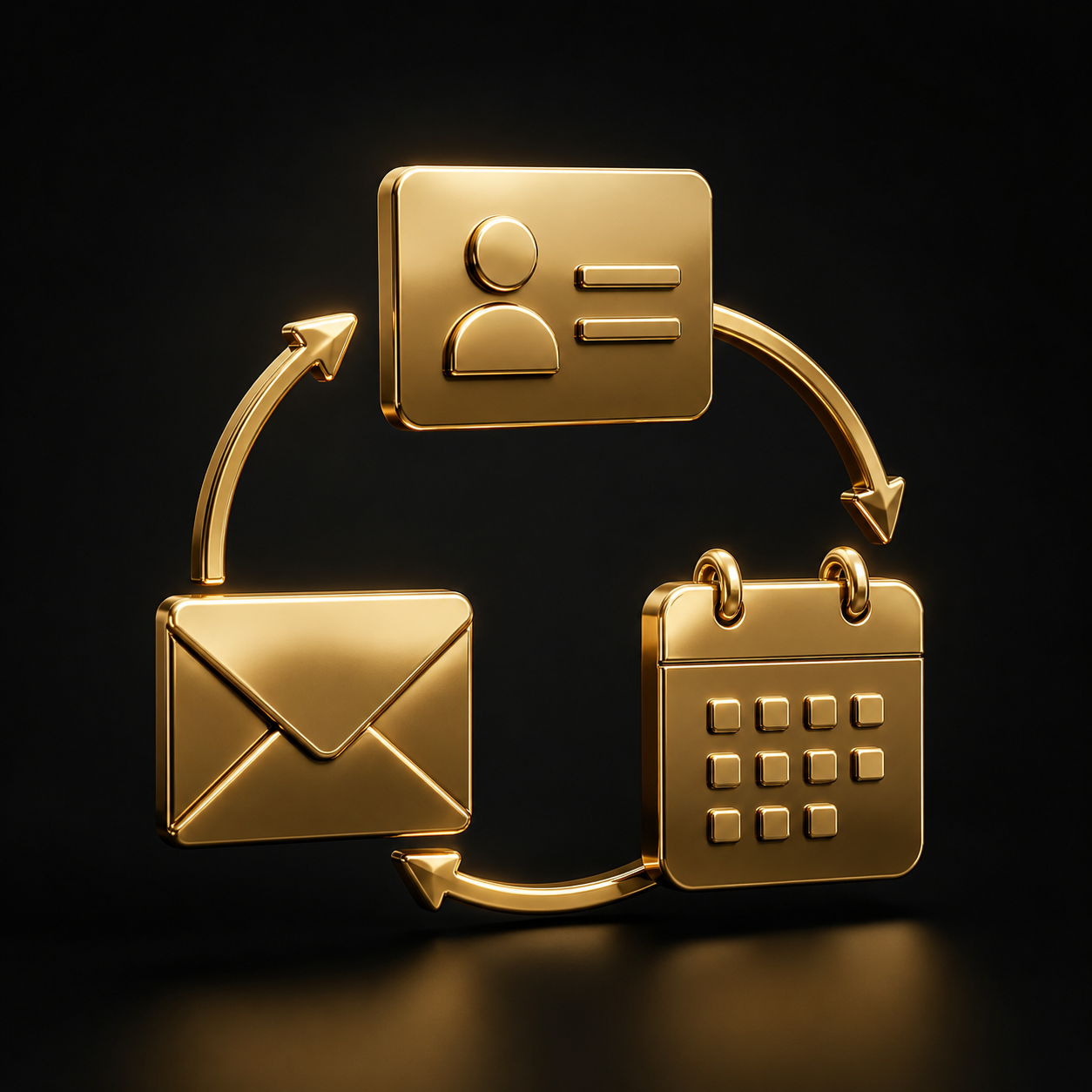 Sincronizzazione CRM email e calendario, elementi 3D oro su nero collegati, Dal Prà Lab