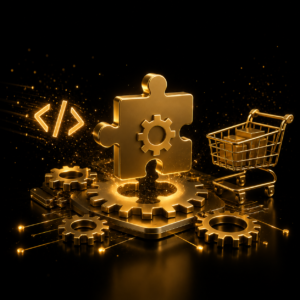 Sviluppo plugin WooCommerce su misura con tassello dorato e codice — Plugin su Misura by Dalpralab